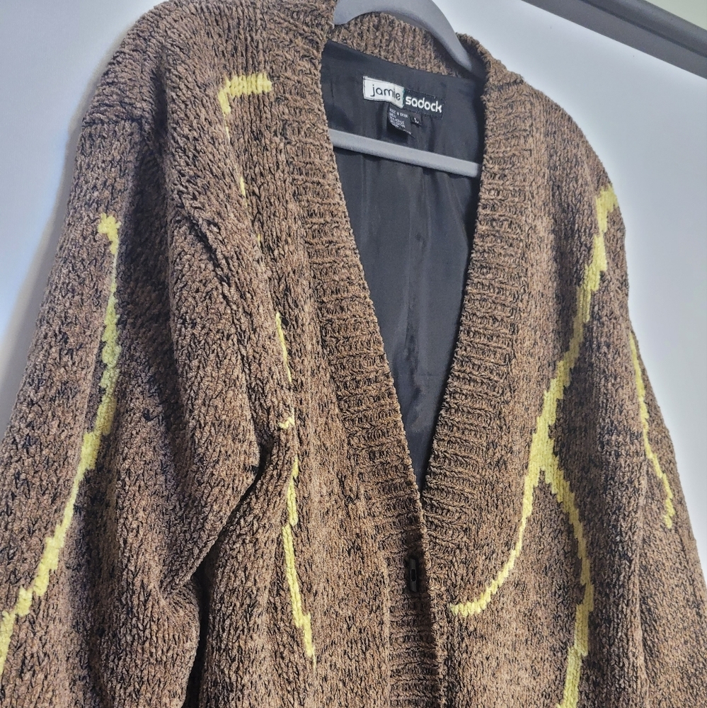 Vintage 90's Jamie Sadock Brown Chunky Knit Sweater  Teddy Jacket Large - Picture 3 of 9